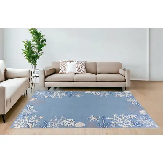 8'X10' Sea Blue Hand Hooked Bordered Coral Reef Indoor Area Rug Photo 1