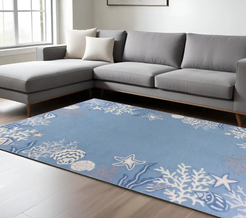 Blue Gray And White Fish and Coral Hand Tufted Area Rug Photo 1