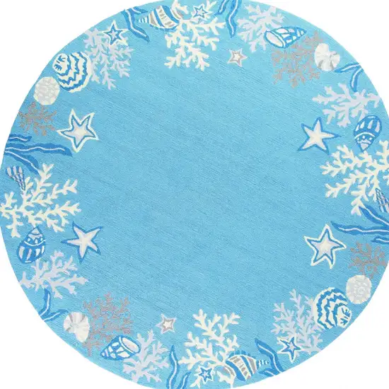 Sea Blue Hand Hooked Bordered Coral Reef Round Indoor Area Rug Photo 4
