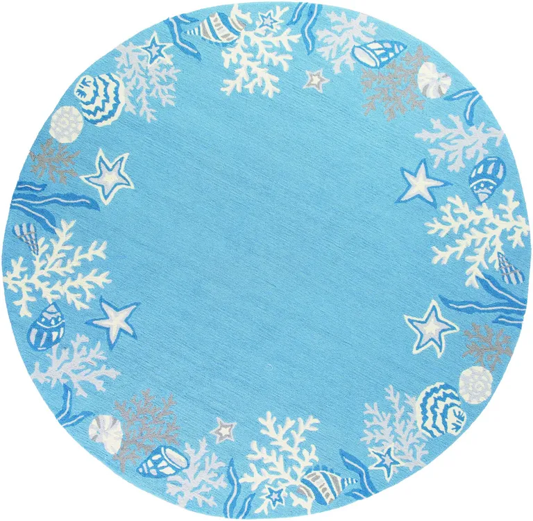 Sea Blue Hand Hooked Bordered Coral Reef Round Indoor Area Rug Photo 1