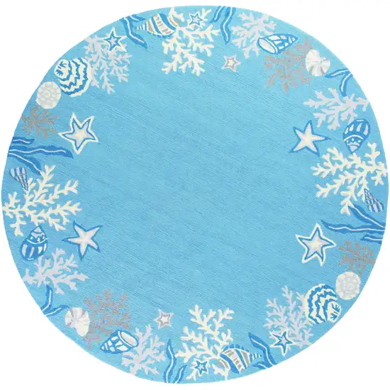 Sea Blue Hand Hooked Bordered Coral Reef Round Indoor Area Rug Photo 1