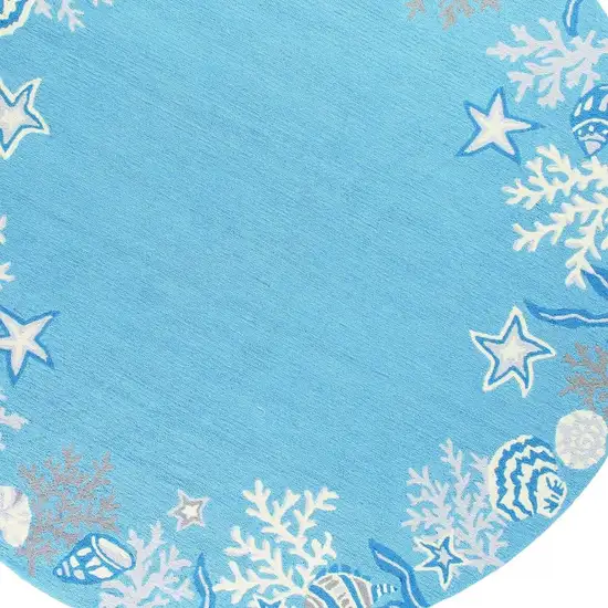 8' Blue Gray And White Fish and Coral Hand Tufted Round Rug Photo 4