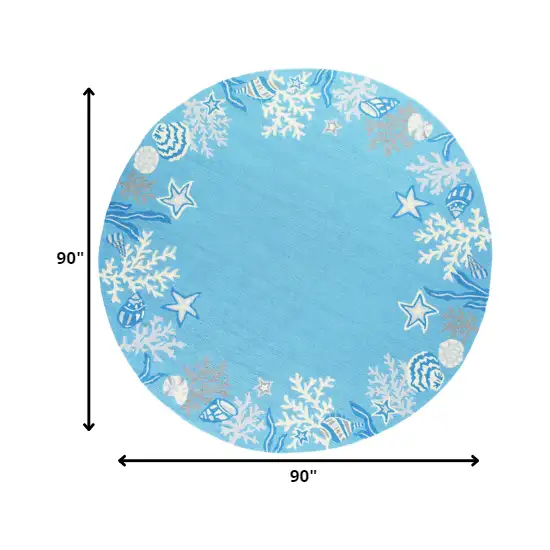 Sea Blue Hand Hooked Bordered Coral Reef Round Indoor Area Rug Photo 2