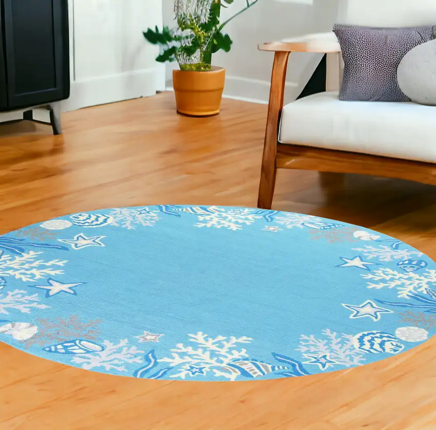 8' Sea Blue Hand Hooked Bordered Coral Reef Round Indoor Area Rug Photo 1