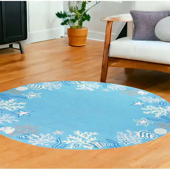 8' Sea Blue Hand Hooked Bordered Coral Reef Round Indoor Area Rug Photo 1