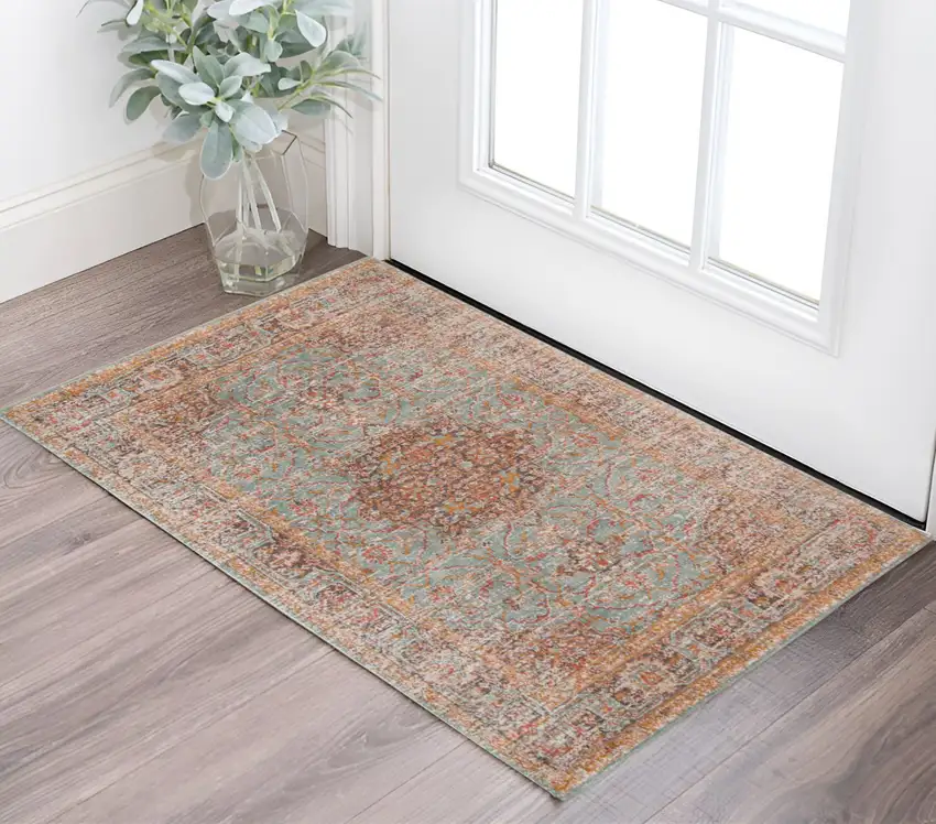 Teal Red and Orange Medallion Power Loom Area Rug Photo 1