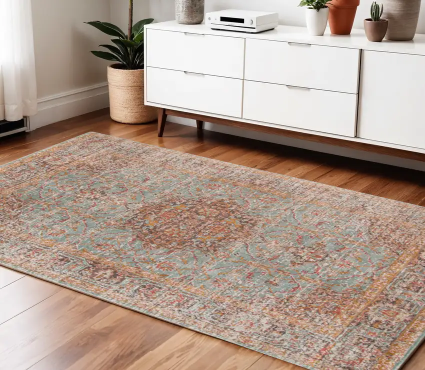 Teal Red and Orange Medallion Power Loom Area Rug Photo 1