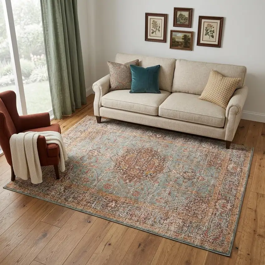 Teal Red And Orange Medallion Area Rug Photo 1