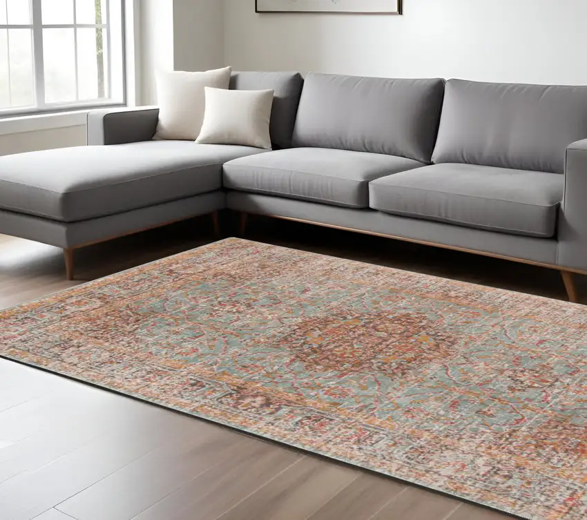 Teal Red and Orange Medallion Power Loom Area Rug Photo 1