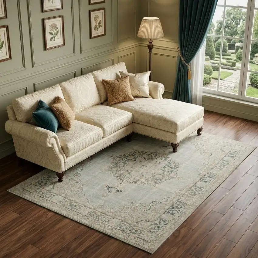 Tan And Light Green Medallion Area Rug Photo 1