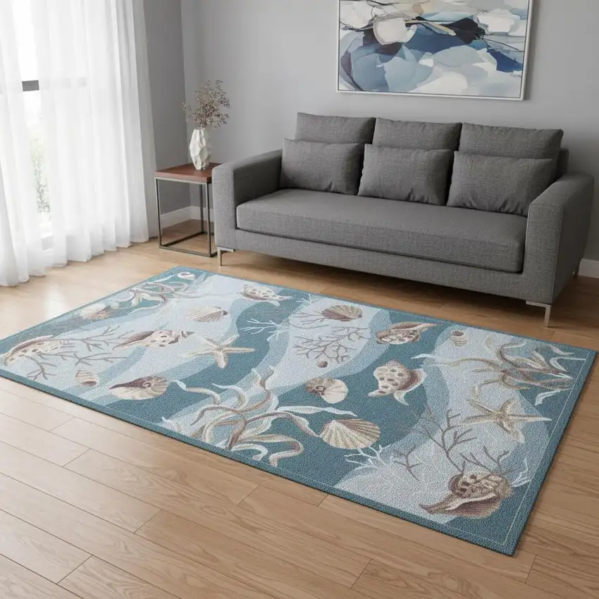 Beige Ivory And Brown Seashell and Coral Hand Hooked Area Rug Photo 1