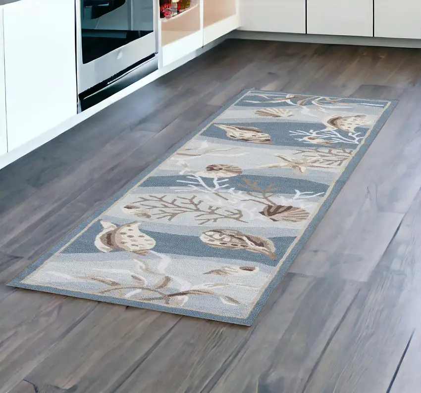 8' Seafoam Green Hand Hooked Sea Shells Indoor Runner Rug Photo 1