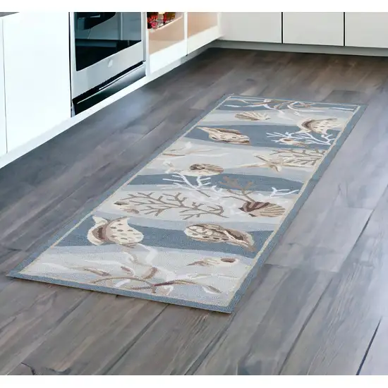 8' Seafoam Green Hand Hooked Sea Shells Indoor Runner Rug Photo 1