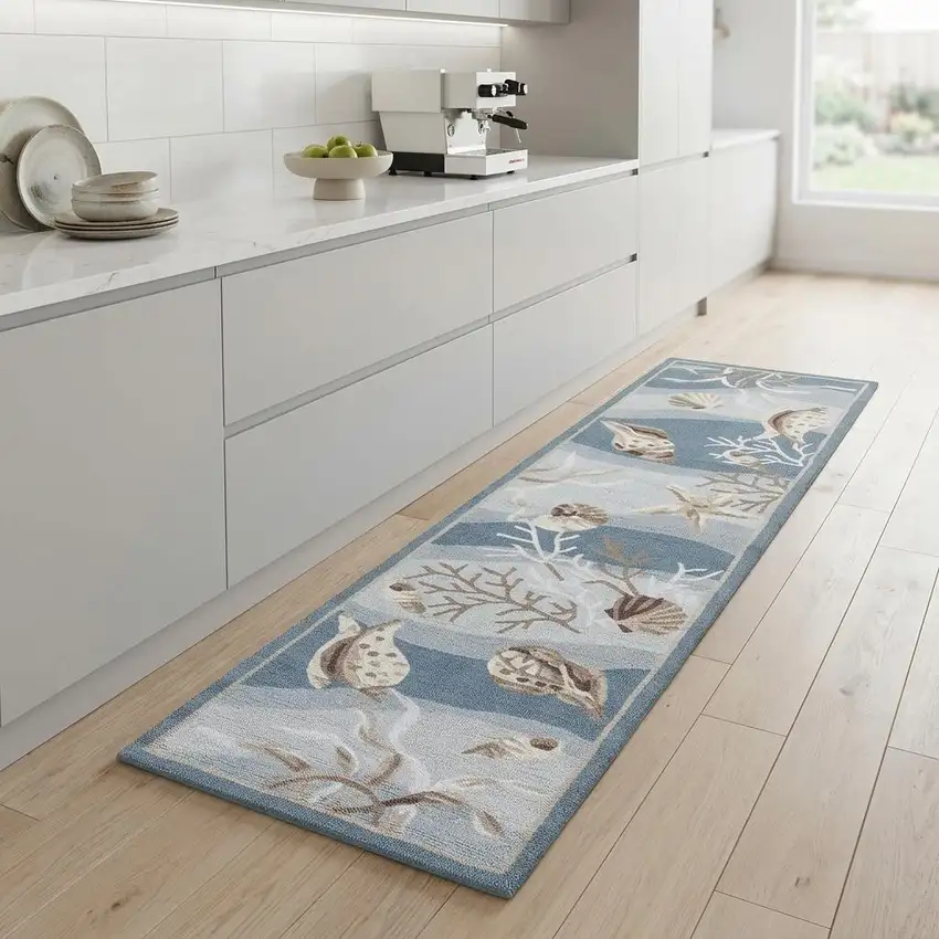 8' Beige Ivory And Brown Seashell and Coral Hand Tufted Runner Rug Photo 1