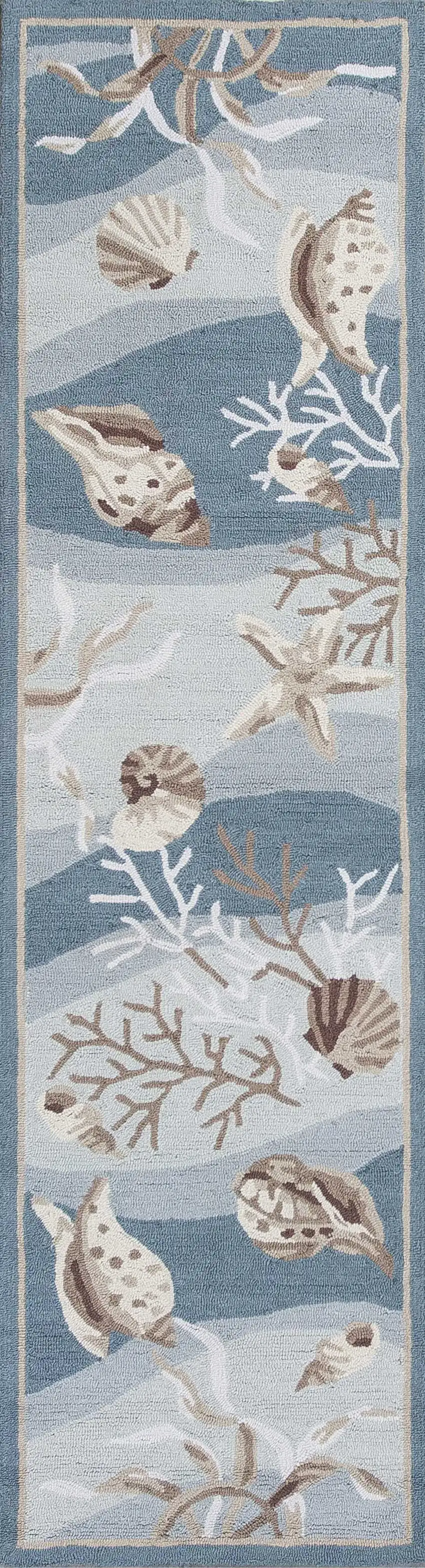 Seafoam Green Hand Hooked Sea Shells Indoor Runner Rug Photo 1