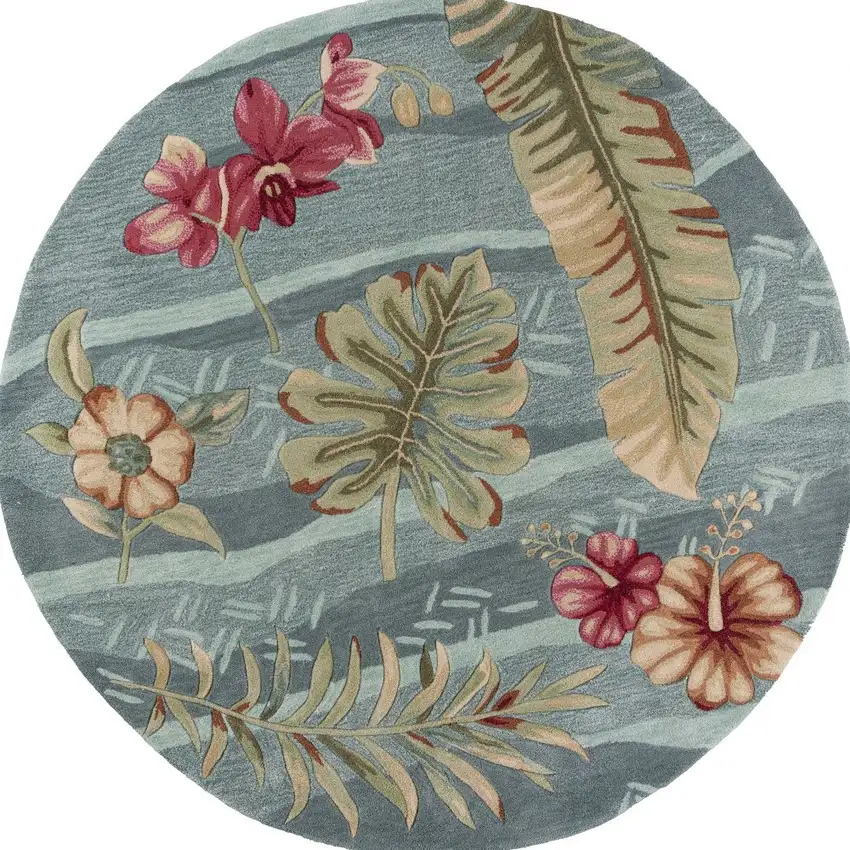 Seafoam Green Hand Tufted Tropical Plants Round Indoor Area Rug Photo 4