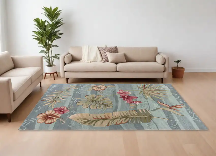 Seafoam Green Machine Woven Tropical Plants Indoor Area Rug Photo 1