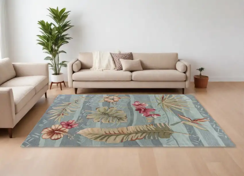 Seafoam Green Machine Woven Tropical Plants Indoor Area Rug Photo 2