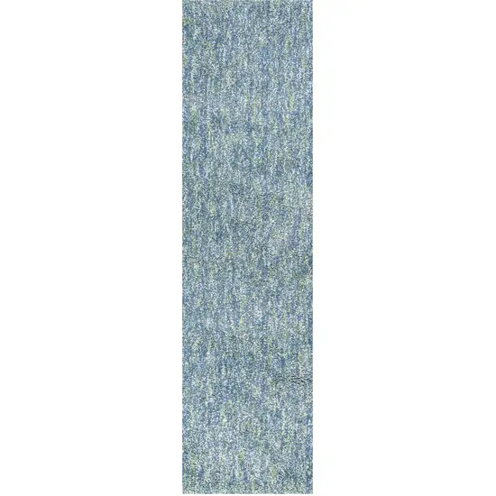 8' Blue And White Abstract Shag Hand Woven Runner Rug Photo 2