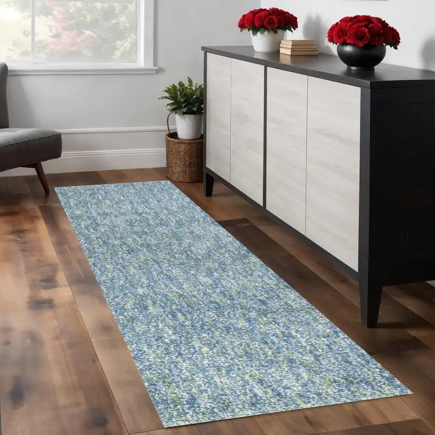 8' Blue And White Abstract Shag Hand Woven Runner Rug Photo 1