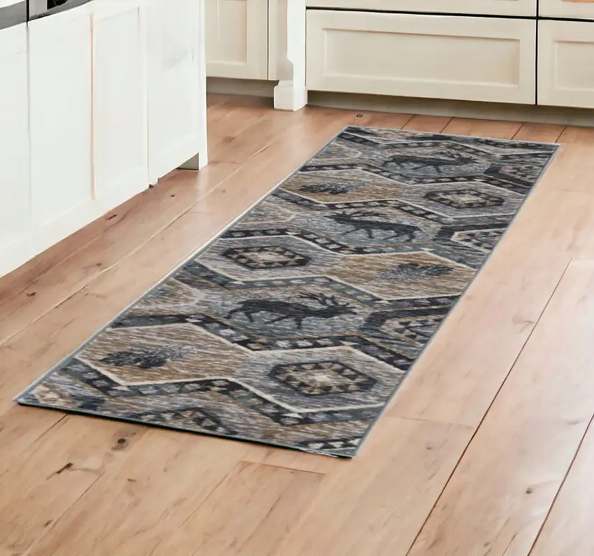 8' Seafoam Machine Woven Geometric Lodge Indoor Runner Rug Photo 1