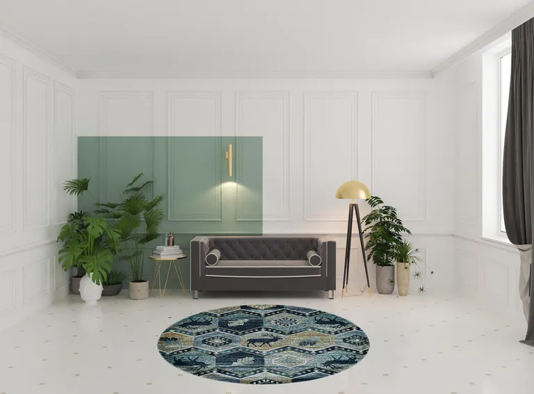 Seafoam Machine Woven Geometric Lodge Round Indoor Area Rug Photo 5