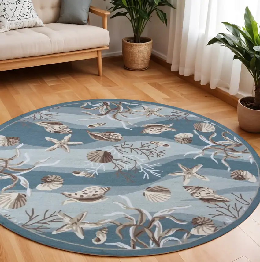 8' Beige Ivory And Brown Seashell and Coral Hand Tufted Round Rug Photo 1