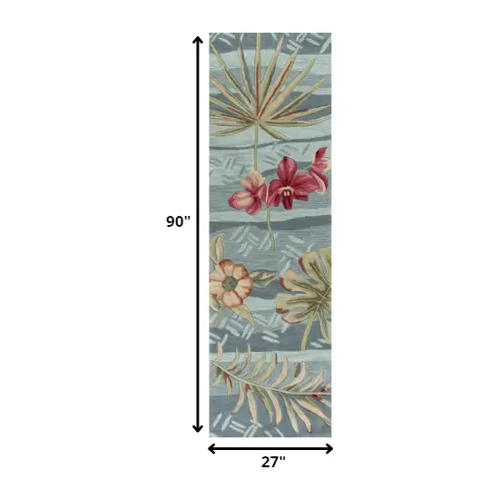 Seafoam Tropical Leaves Runner Rug Photo 1
