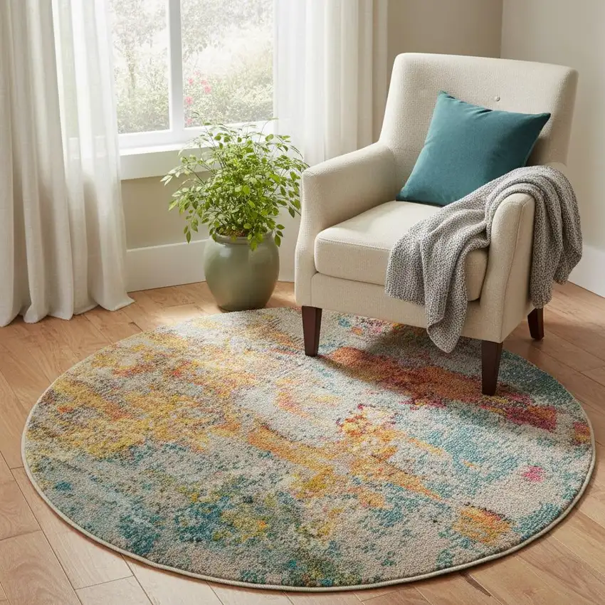 5' X 5' Sealife Round Abstract Power Loom Non Skid Area Rug Photo 1