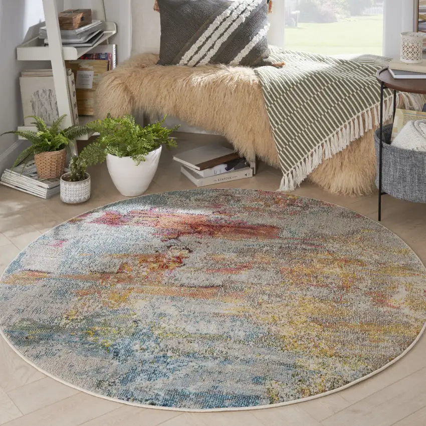 5' X 5' Sealife Round Abstract Power Loom Non Skid Area Rug Photo 5