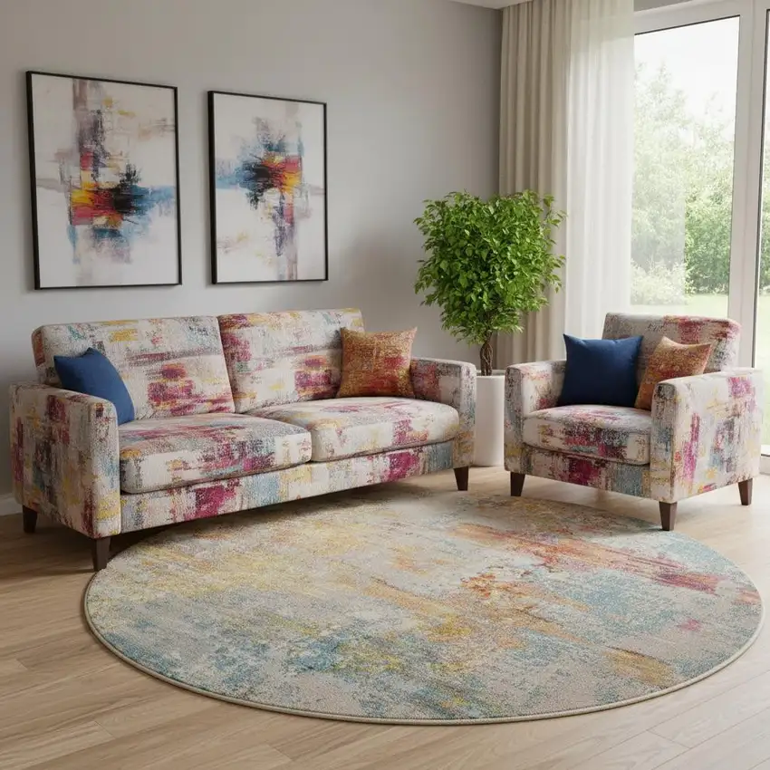 8' X 8' Sealife Round Abstract Power Loom Non Skid Area Rug Photo 1