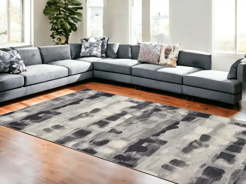 8'X11' Shades Of Grey Machine Woven Abstract Brushstroke Indoor Area Rug Photo 1