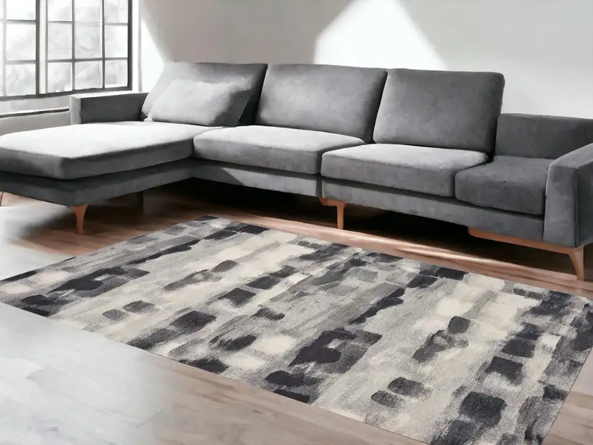 5'X8' Shades Of Grey Machine Woven Abstract Brushstroke Indoor Area Rug Photo 1