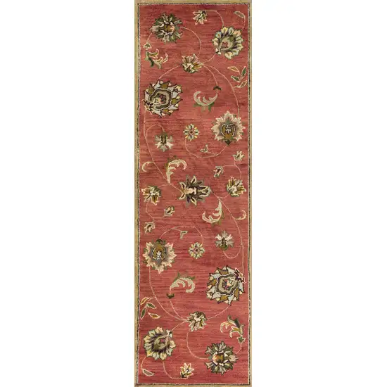 7' Sienna Gold And Green Wool Floral Vines Hand Tufted Runner Rug Photo 6