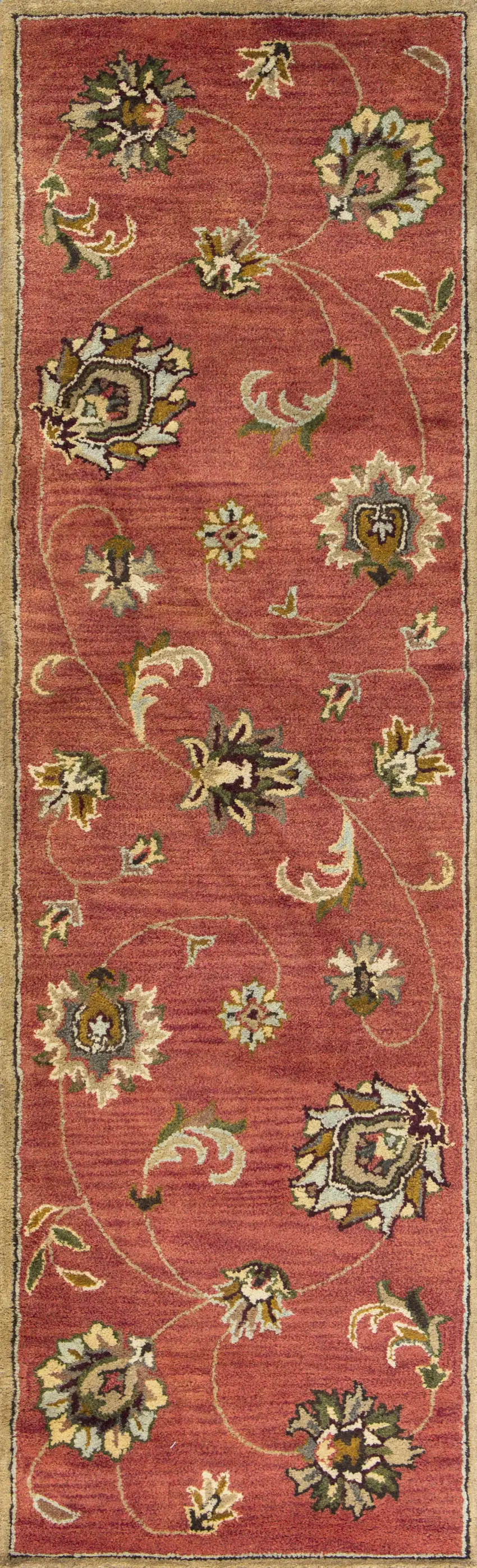 7' Sienna Gold And Green Wool Floral Vines Hand Tufted Runner Rug Photo 6