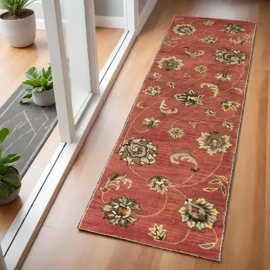 7' Sienna Gold And Green Wool Floral Vines Hand Tufted Runner Rug Photo 1