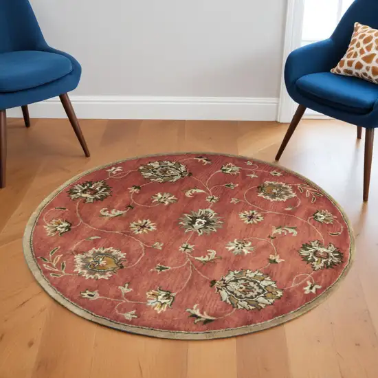 6' Sienna Gold And Green New Zealand Lambs Wool Floral Vines Hand Tufted Round Rug Photo 1