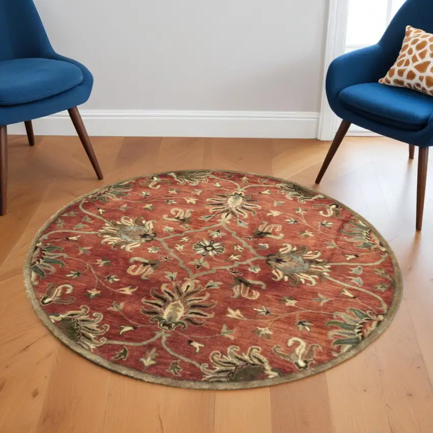6' Rust Beige And Gray Wool Floral Medallion Hand Tufted Round Rug Photo 1