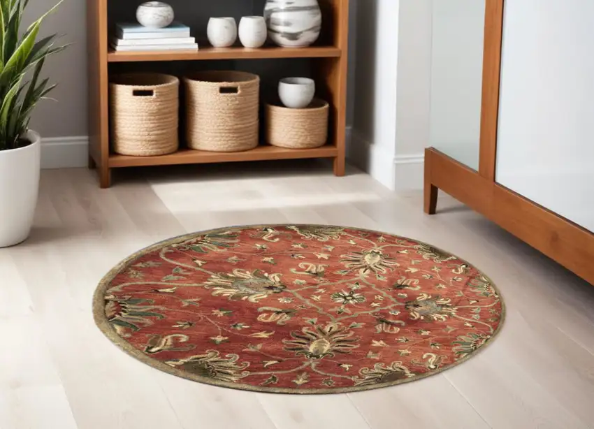 6' Orange Round Wool Hand Tufted Area Rug Photo 1