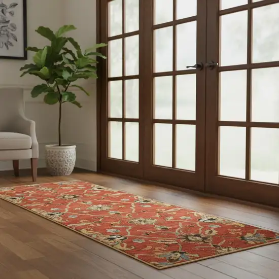 7' Rust Beige And Gray Wool Floral Medallion Hand Tufted Runner Rug Photo 1