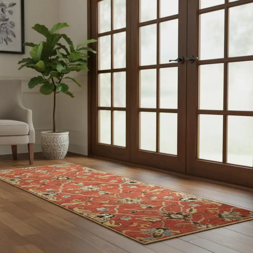 7' Rust Beige And Gray Wool Floral Medallion Hand Tufted Runner Rug Photo 1