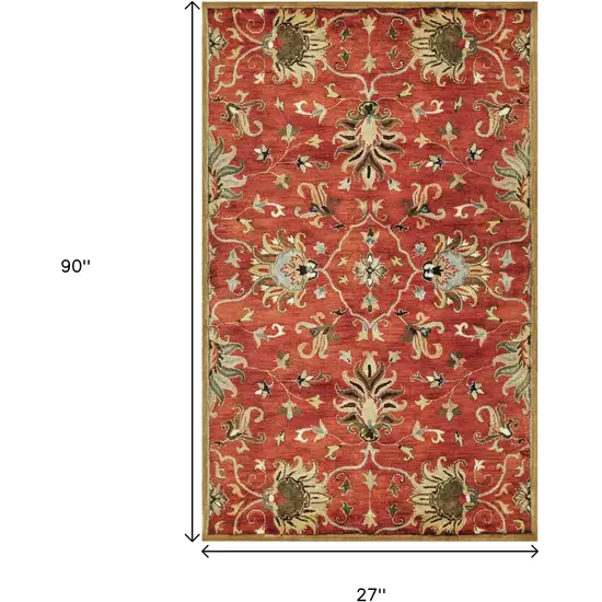 7' Rust Beige And Gray Wool Floral Medallion Hand Tufted Runner Rug Photo 3