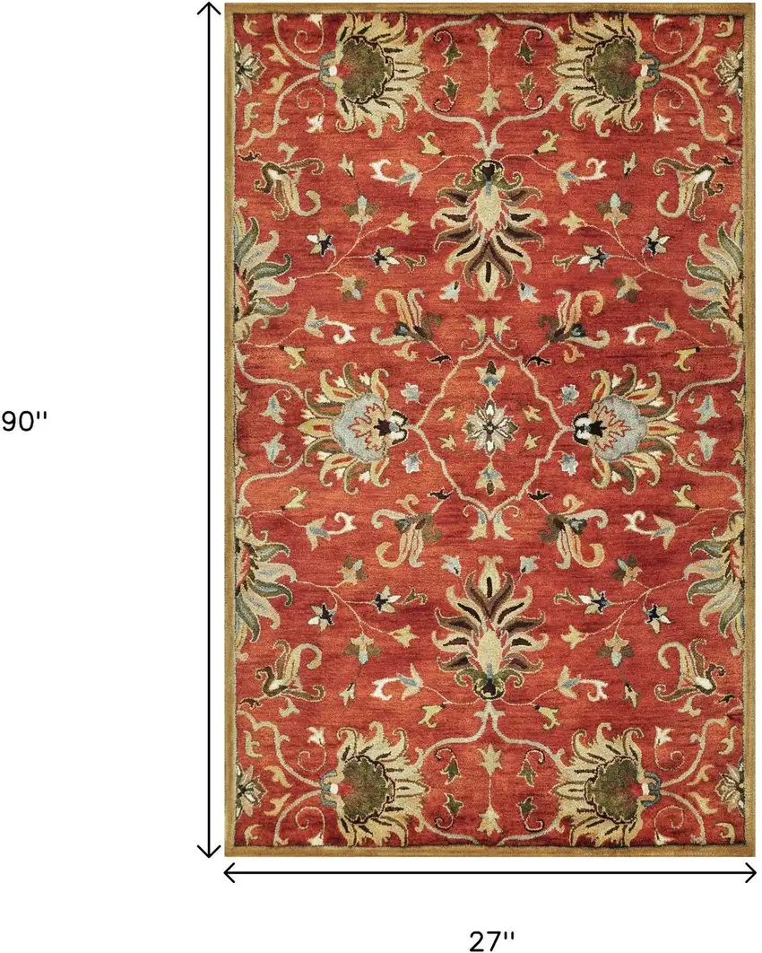 7' Rust Beige And Gray Wool Floral Medallion Hand Tufted Runner Rug Photo 3