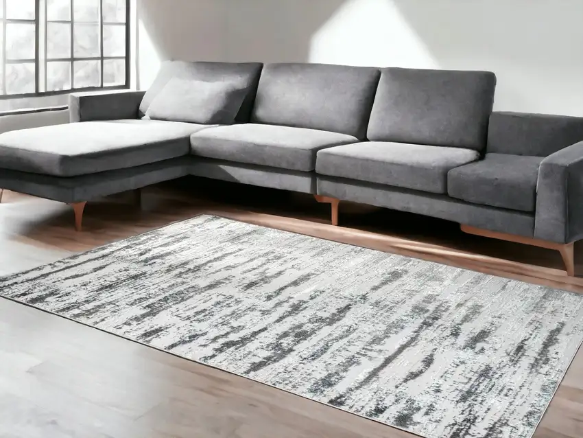 Silver Abstract Washable Non Skid Area Rug With Fringe Photo 1