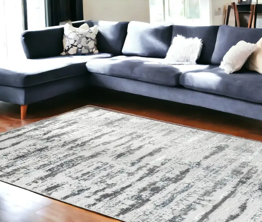 Silver Abstract Washable Non Skid Area Rug With Fringe Photo 1
