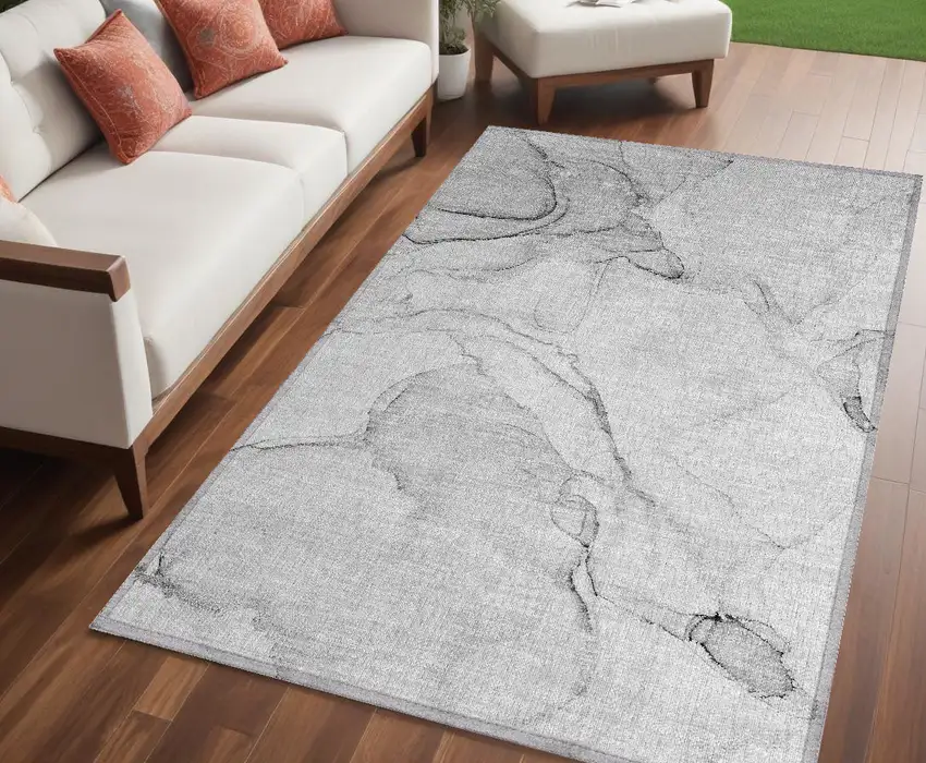 Silver Abstract Washable Non Skid Indoor Outdoor Area Rug Photo 1