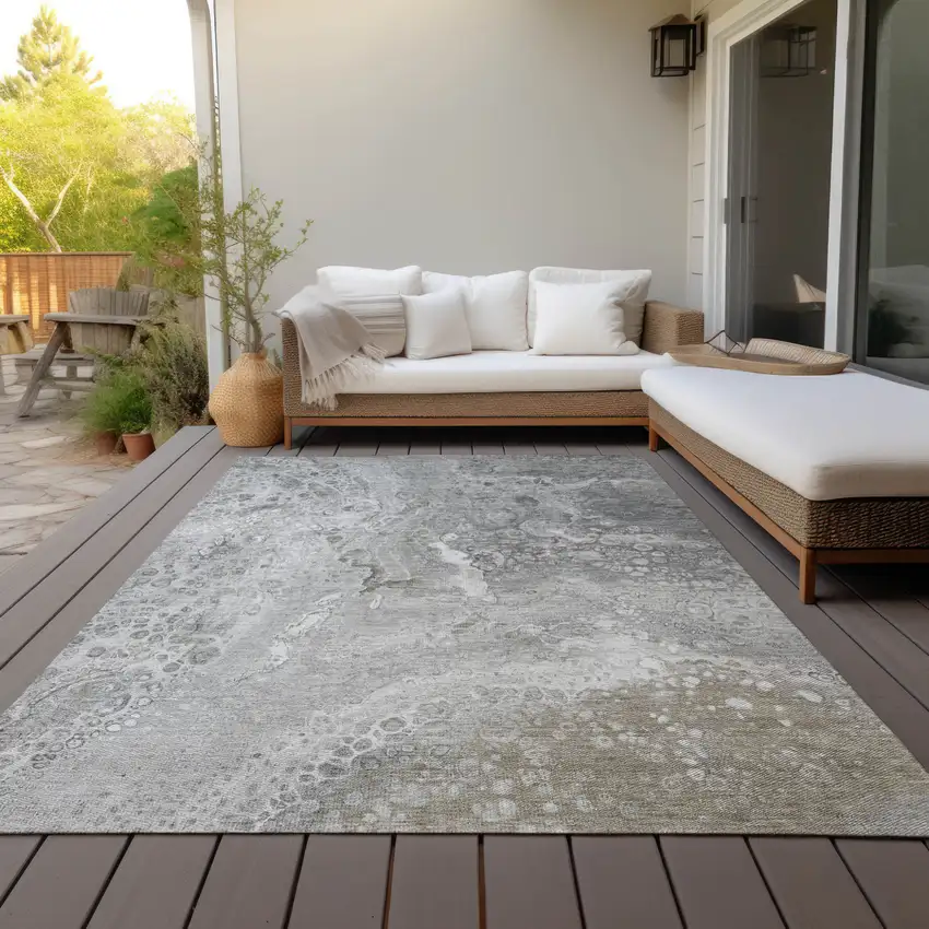 Silver Gray And Taupe Abstract Washable Indoor Outdoor Area Rug Photo 9