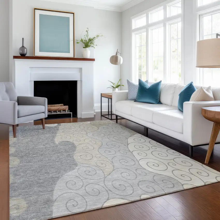 Silver And Beige Abstract Washable Indoor Outdoor Area Rug Photo 6