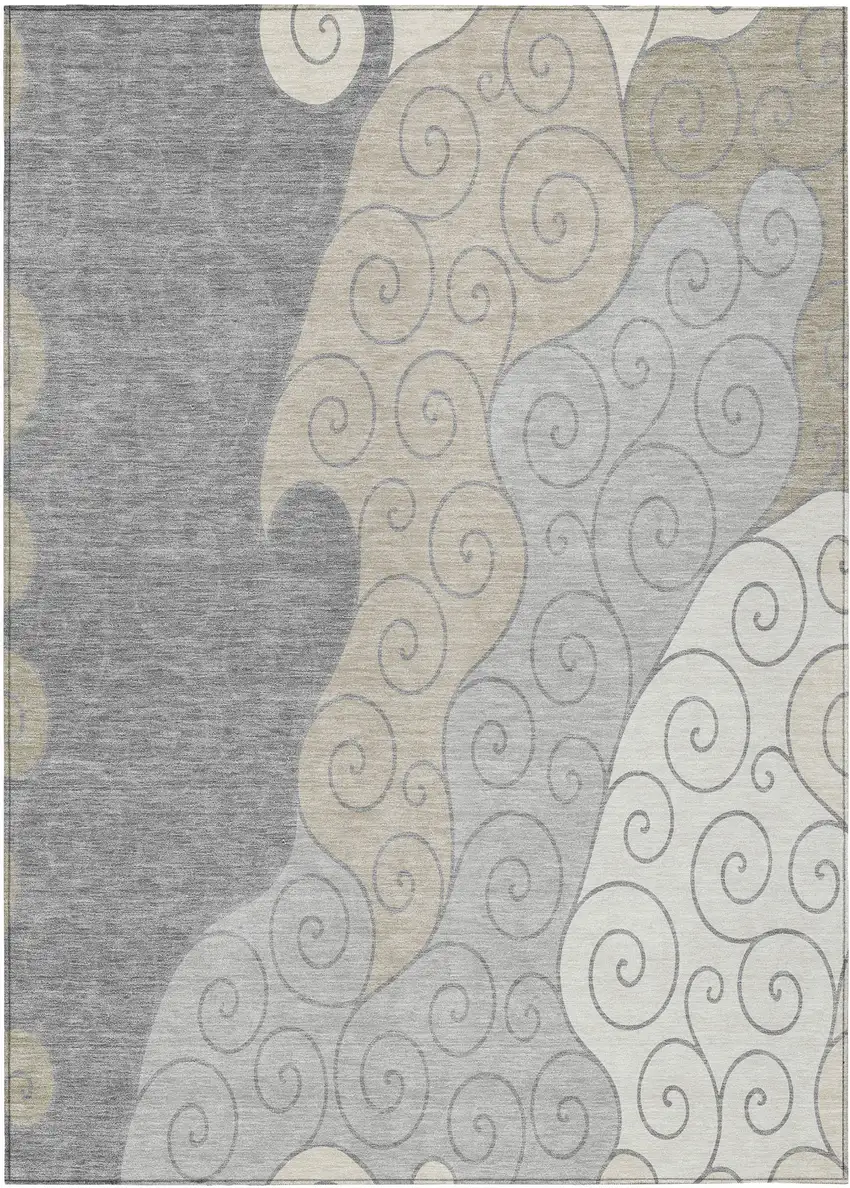 Silver And Beige Abstract Washable Indoor Outdoor Area Rug Photo 1