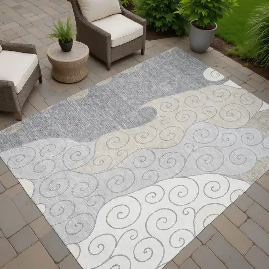 Silver And Beige Abstract Washable Indoor Outdoor Area Rug Photo 7